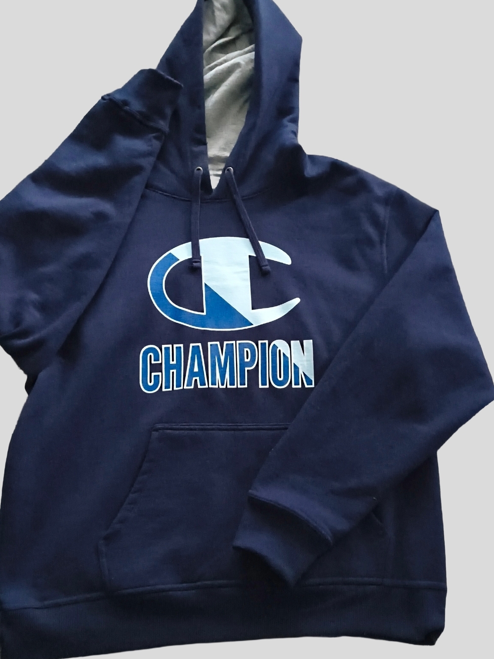 Champion Navy Blue Hoodie with White and Light Blue Logo